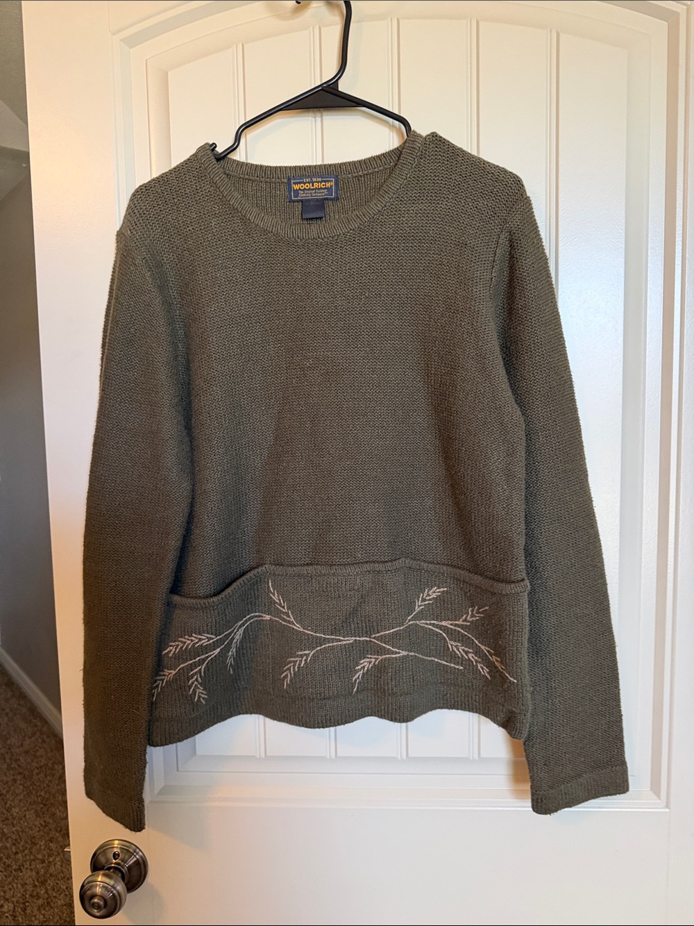 Vintage Woolrich Olive Green Knit Sweater with Embroidered Front Pocket Detail - Picture 1 of 8